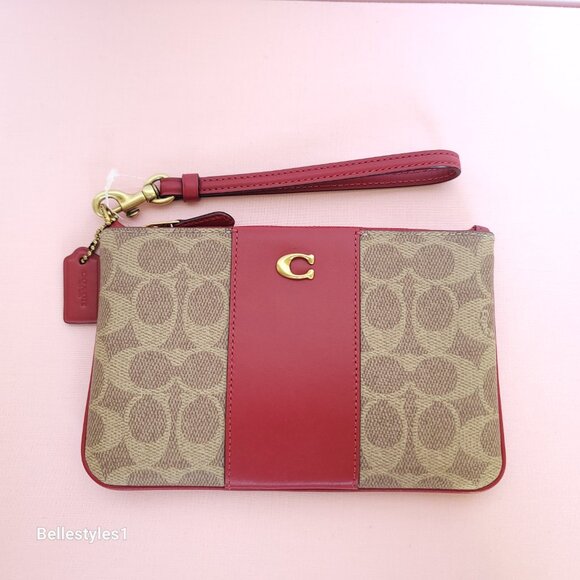 COACH Boxed Small Wristlet in Signature Canvas & Smooth Leather-Tan/Ruby color⭐ - Picture 5 of 16